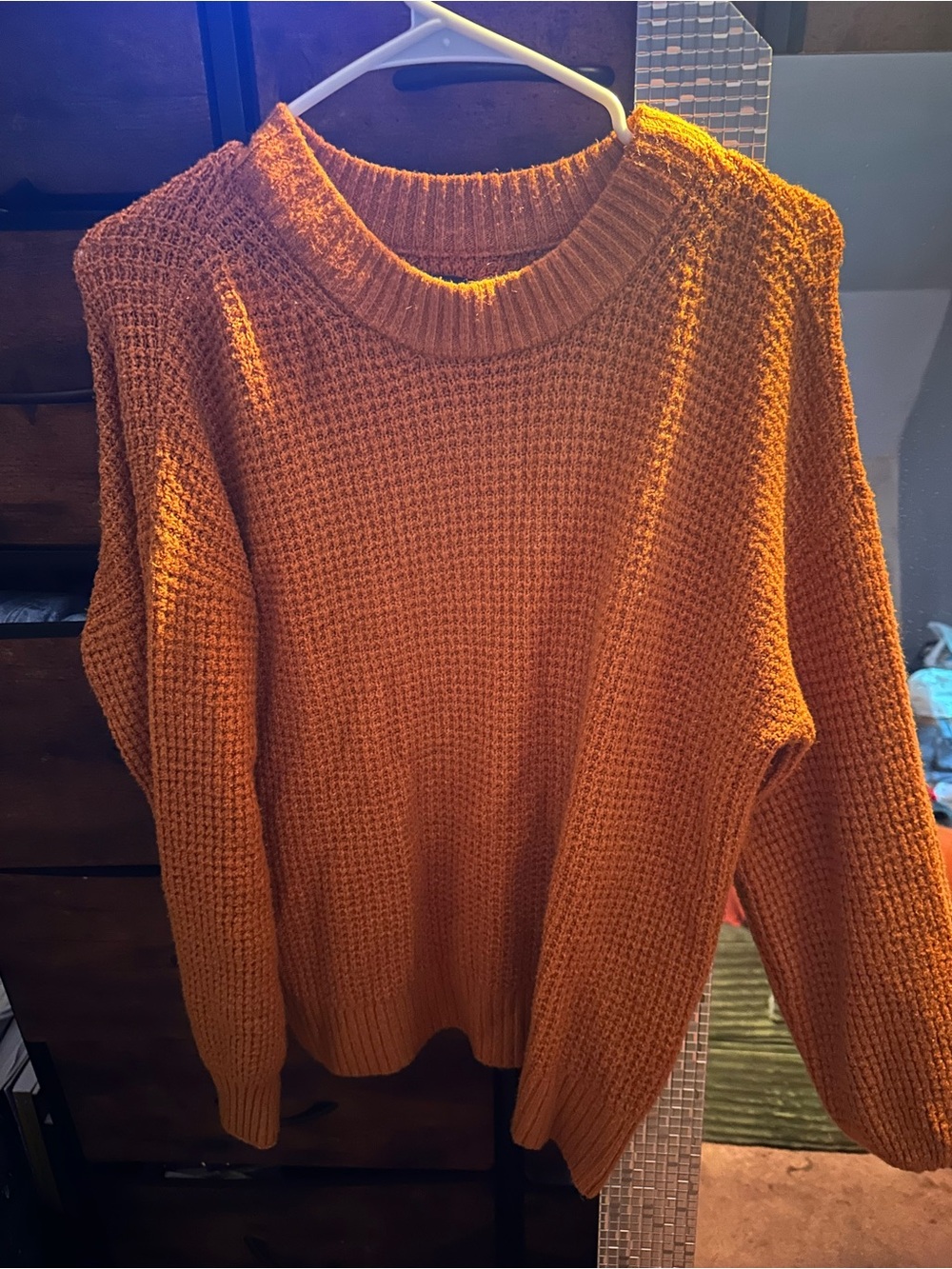 American Eagle Outfitters Orange Waffle-Knit Crewneck Sweater